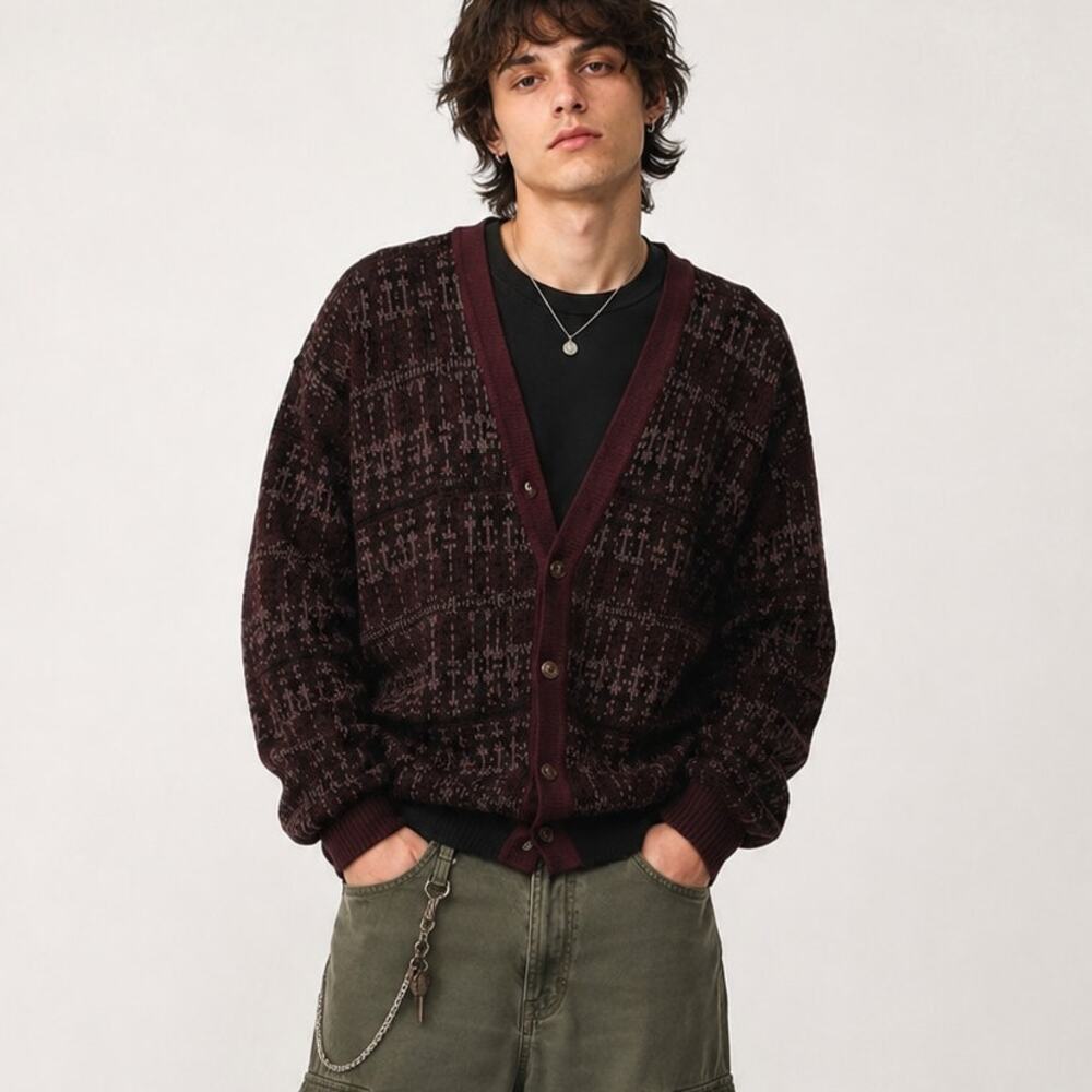 Vintage 90s Grandpa Cardigan Sweater Wool Medium Button Down Academia Grunge